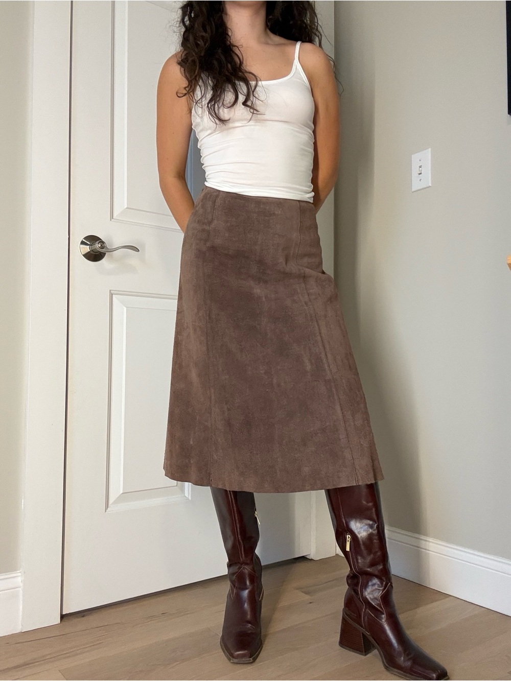 70s Vintage Lord & Taylor Brown Genuine Leather Suede Midi Skirt A-Line Boho